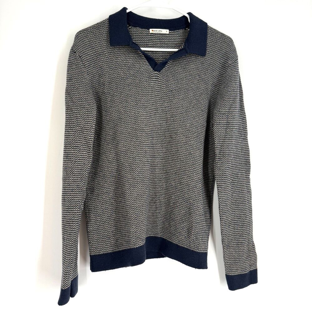 Marine Layer Liam Sweater Polo Blue Birdseye Long Sleeve Collared Wool Blend S